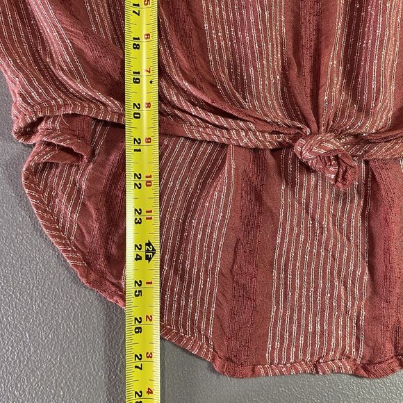 FREE PEOPLE Blouse V-Neck Rivets Tied Front Long Sleeve Boho Chic Womens M Red - Picture 7 of 10